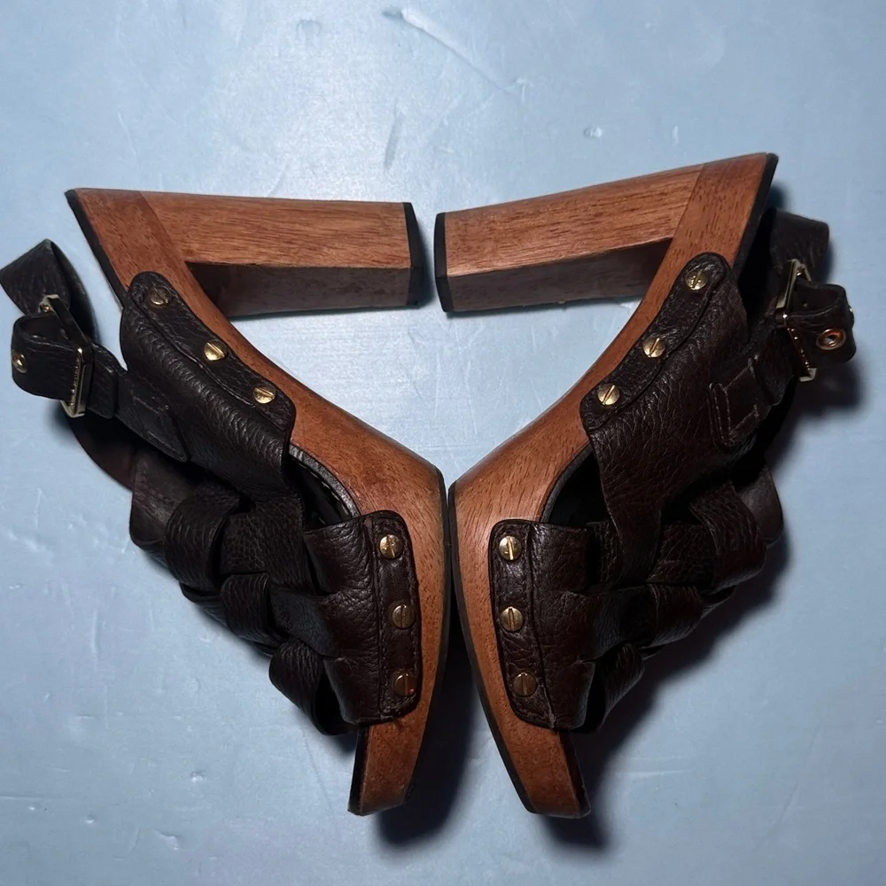 TORY BURCH Women’s 8 M Jodie Brown Leather Woven Platform Heel Sandals - Picture 7 of 15